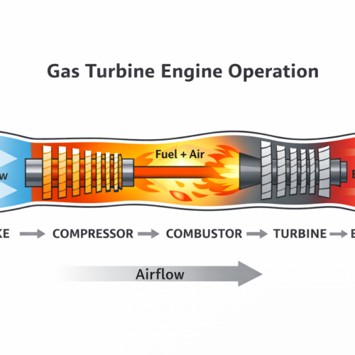 Gas turbine engine diagram showing intake compressor combustor turbine and exhaust