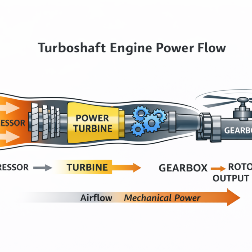 Turboshaft helicopter engine diagram showing compressor combustor turbine power turbine and gearbox